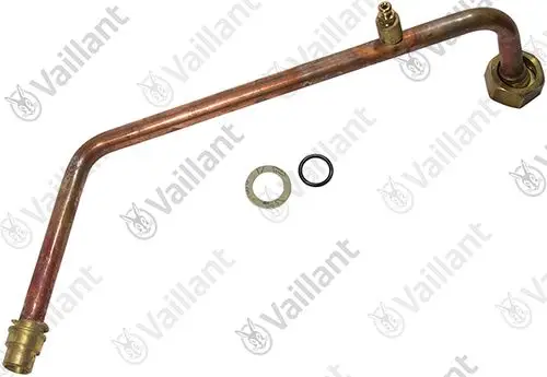 Kupferrohr von Vaillant mit gebogenem Design, zur Installation in Heizungsanlagen, begleitet von Dichtungen und Fittings.